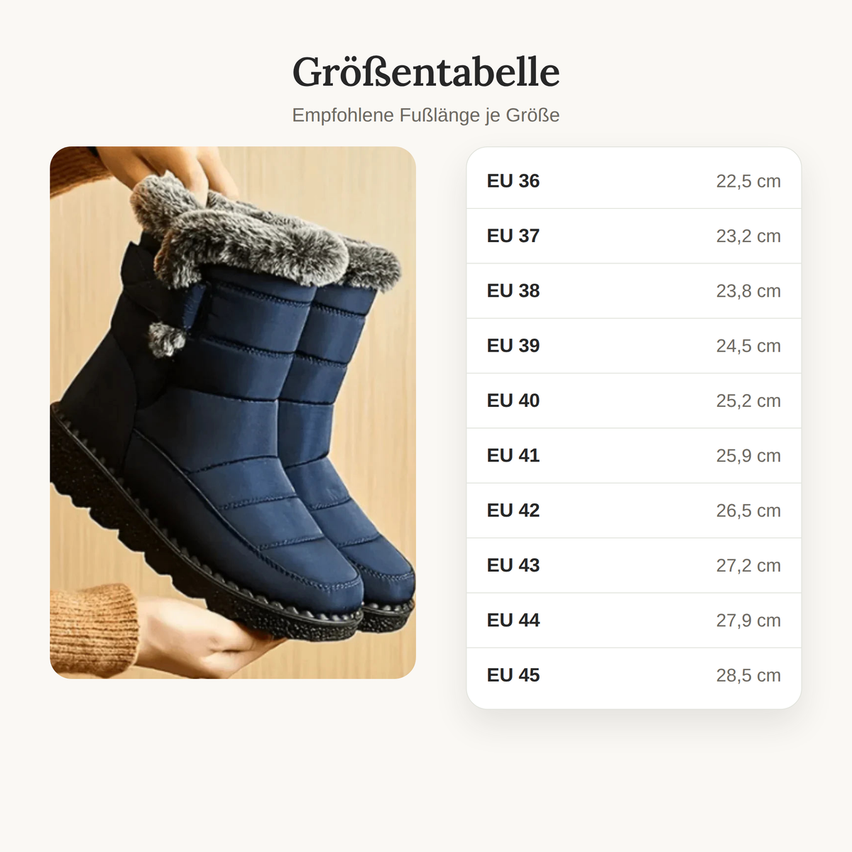 Größentabelle der Winterschuhe Damen mit Fußlänge je Größe