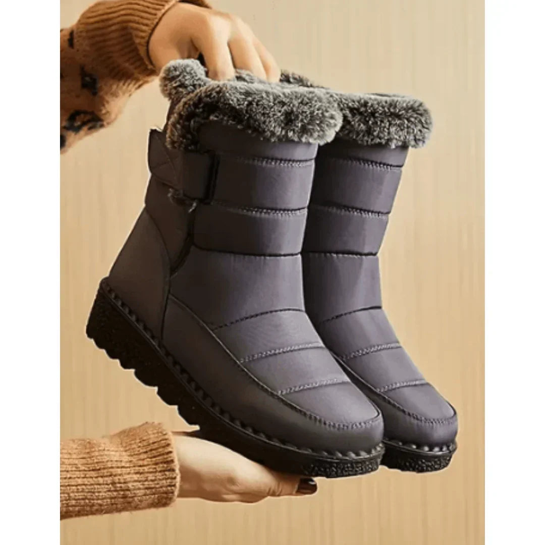 Winterstiefel Damen gefüttert in Grau mit Plüschkragen und Profilsohle