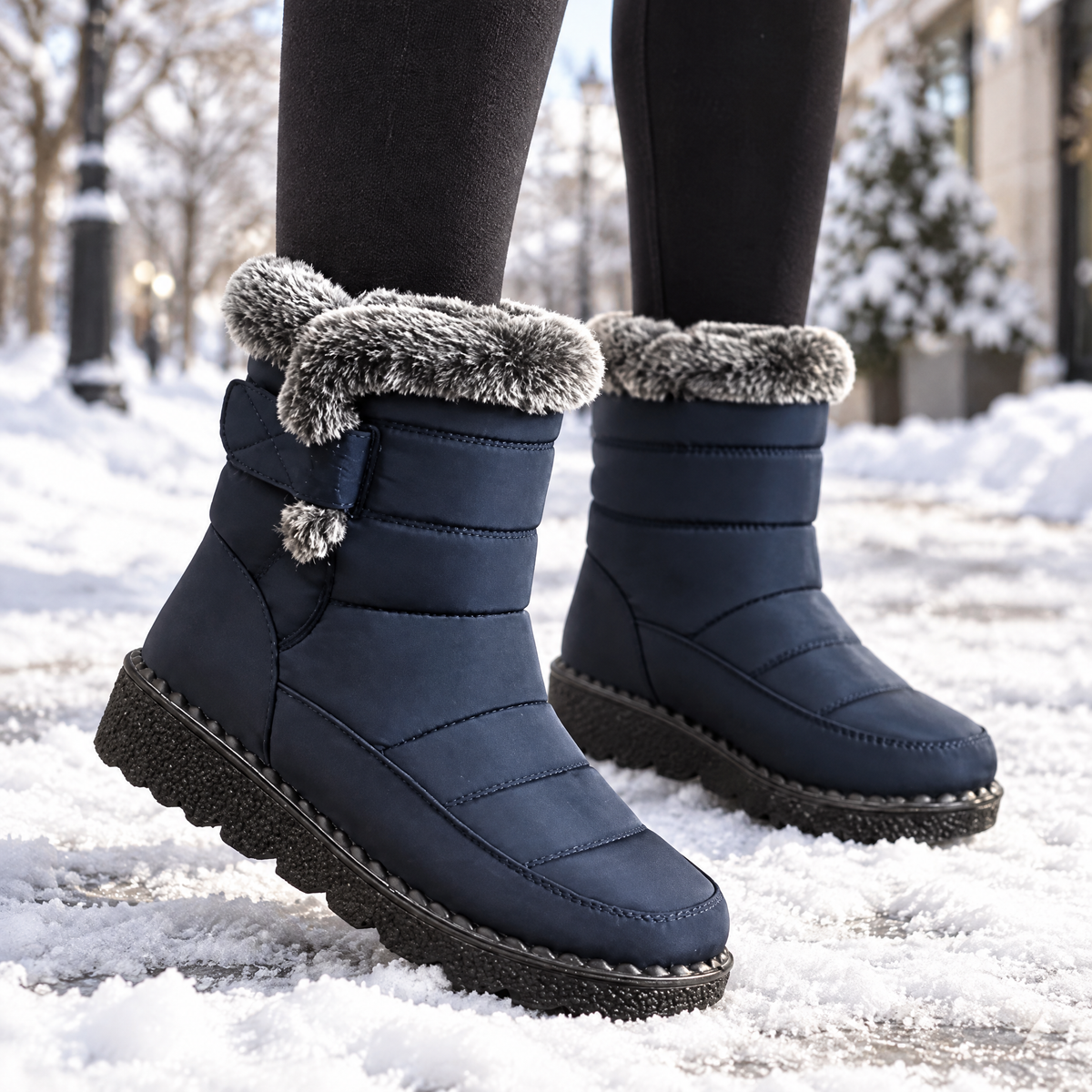 Winterschuhe Damen in Dunkelblau mit Plüschkragen auf verschneitem Gehweg