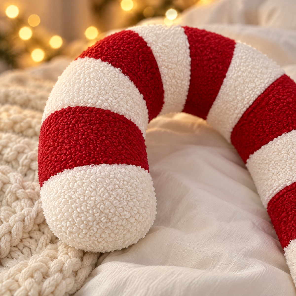 Nahaufnahme des Zuckerstange Kissens mit Plüsch in Teddy-Optik und roten und weißen Streifen